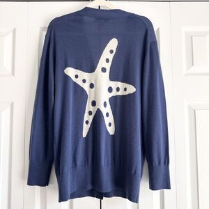 Seaton 100% Cashmere Starfish Cardigan Sweater Blue Button Front Pockets Size I